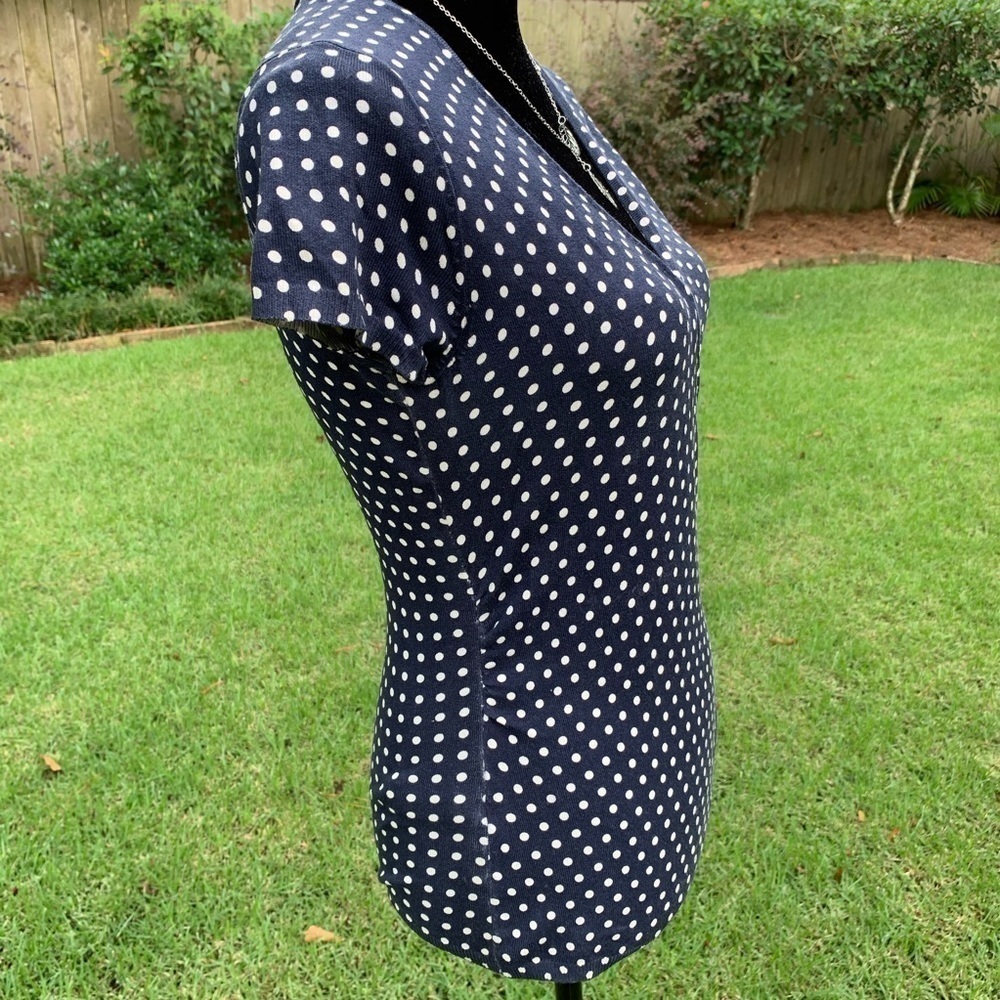 ANN TAYLOR LOFT navy blue polka dot surplice short sleeve v neck knit top - Picture 5 of 7